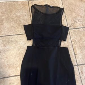 Black evening gown. Paneled long dress.